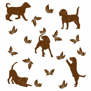 Kelebeklerle köpekçilik oynamanın kusursuz bir örneği. Beyaz arkaplana el çizimi kahverengi vektör siluetleri. Paketler ve kumaşlar yazdırılıyor