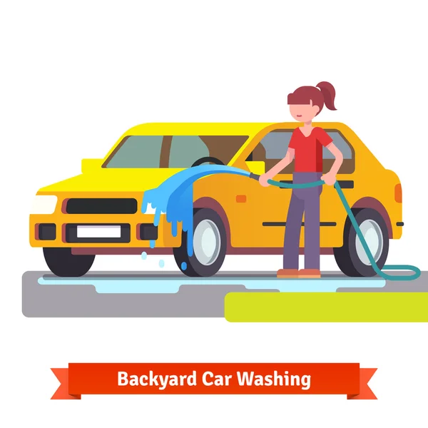 Mulher lavando seu carro de família — Vetor de Stock