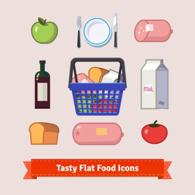 Çanta dolusu yiyecek ve lezzetli yemekler düz Icon set
