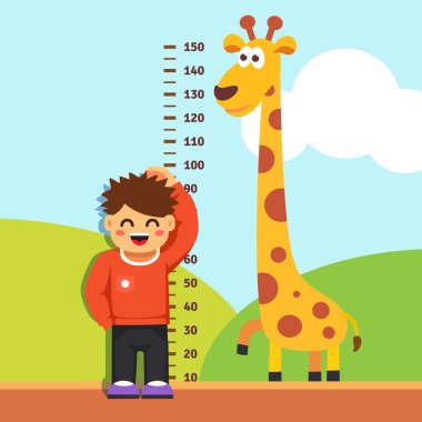 Boy kid measuring his height at kindergarten wall clipart