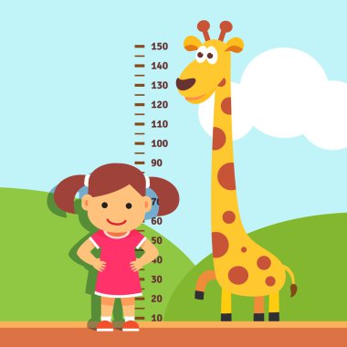 Girl kid measuring his height at kindergarten wall clipart