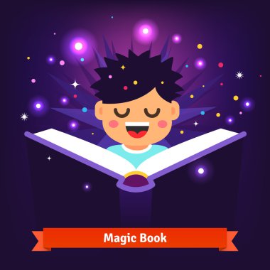 Boy kid reading magic spell book as it glows clipart