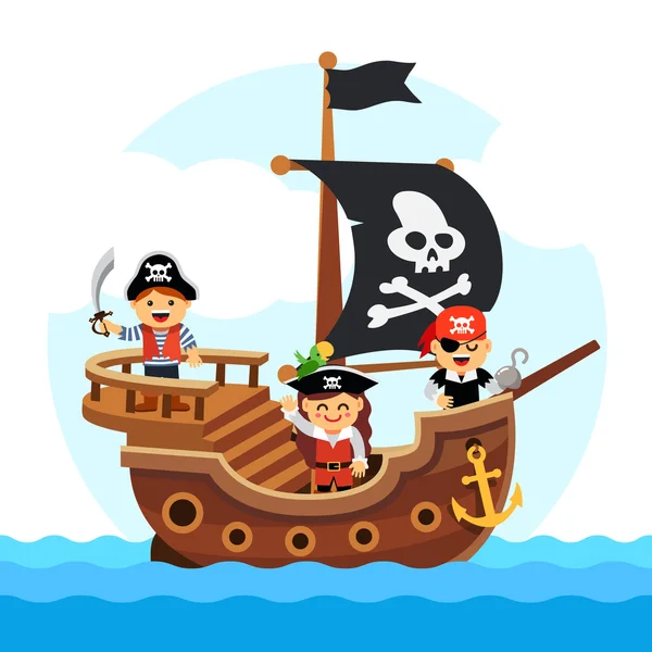 Dibujos animados niños barco pirata vela mar — Vector de stock