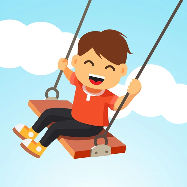 Happy smiling boy kid swinging on a swing — Stock Vector