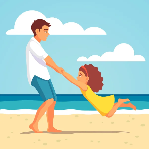 Père jouant avec sa fille sur la plage — Image vectorielle