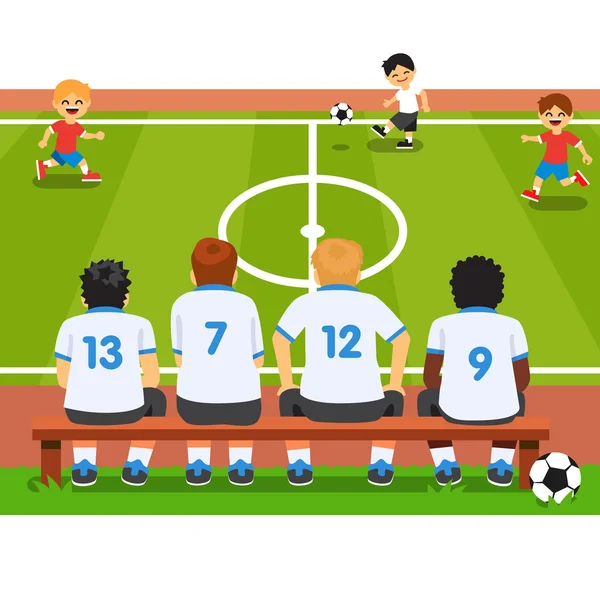 Equipo de fútbol infantil sentado en un banco — Vector de stock