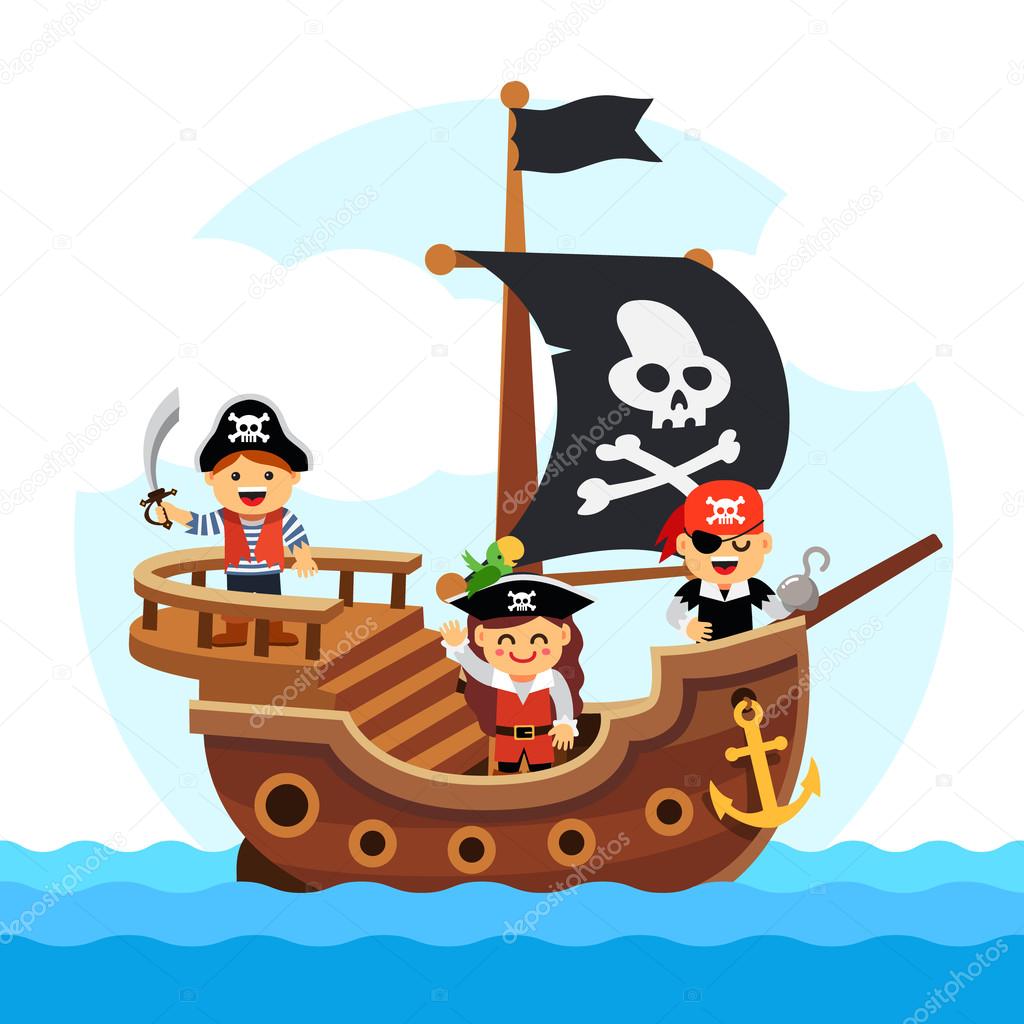 Cartoon kids pirate ship sailing sea