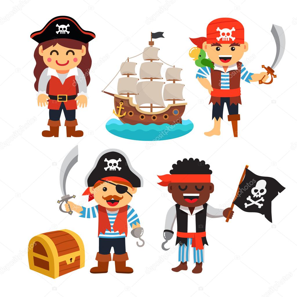 Pirate kids set: treasure chest, black flag, ship