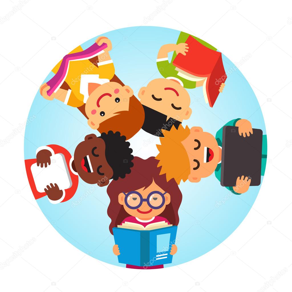Kids reading laying in circle, heads together Stock Vector by