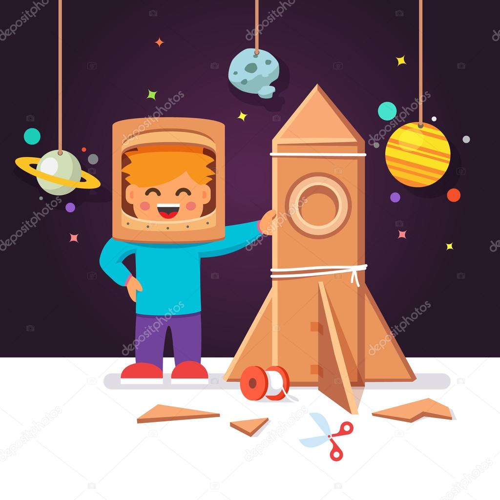 Kid making cardboard box rocket, astronaut costume