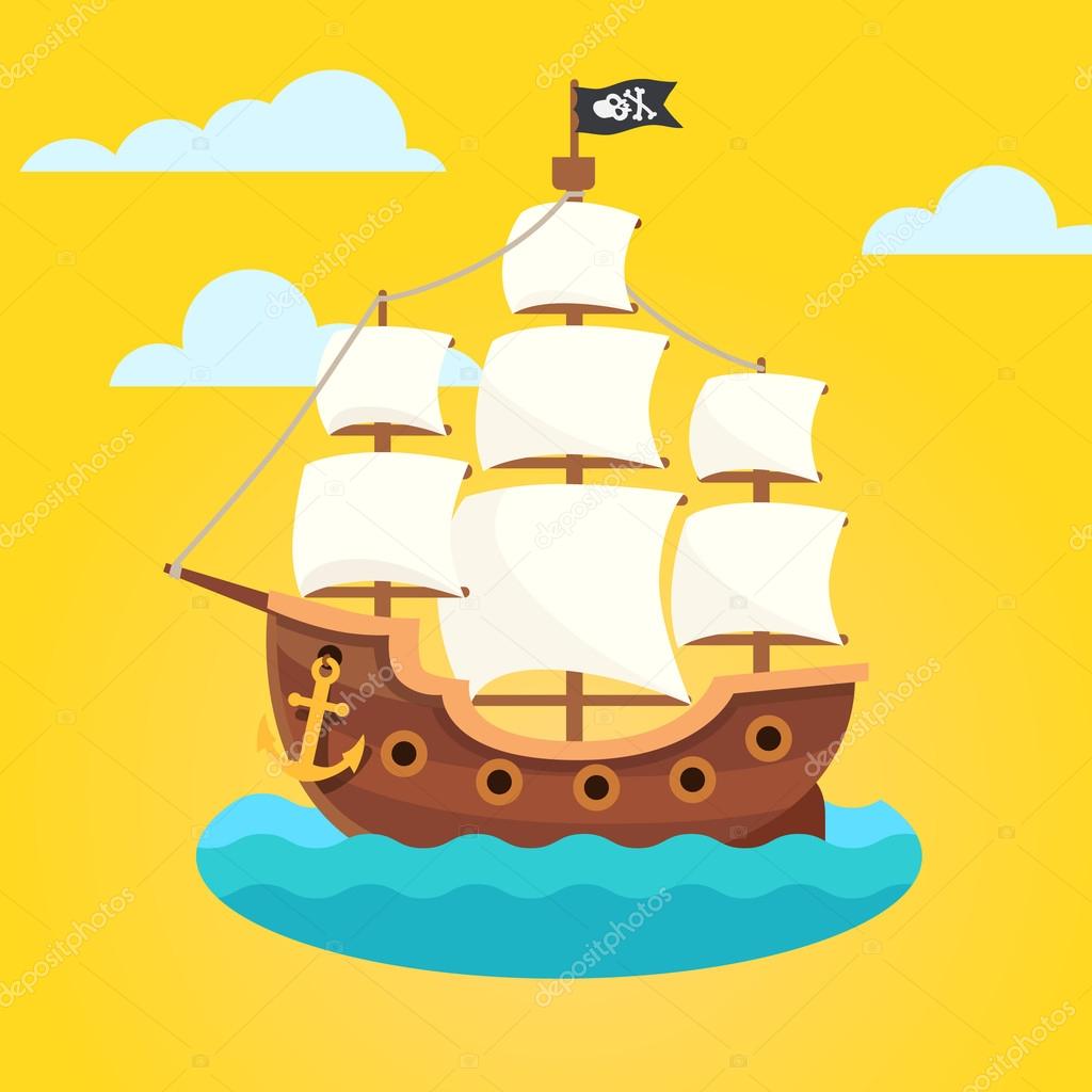 Pirate ship with white sails and black scull flag