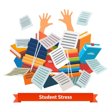 Student stress. Studying buried under a book pile clipart