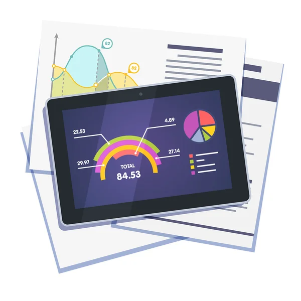 Dados estatísticos resumo em papel e tablet — Vetor de Stock