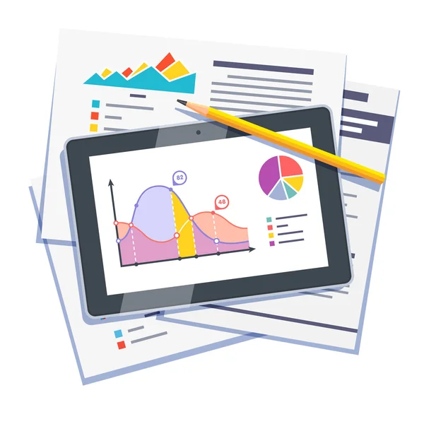 Dados estatísticos resumo em papel e tablet —  Vetores de Stock