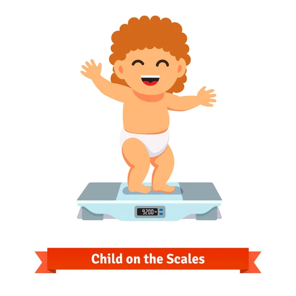 Happy baby toddler in diaper weighting on a scales — Wektor stockowy