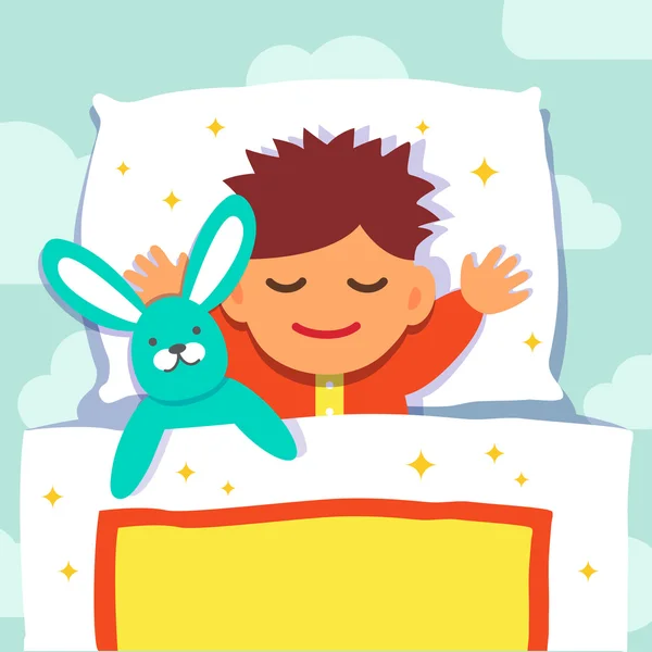 Bebé niño durmiendo con su conejo juguete — Vector de stock