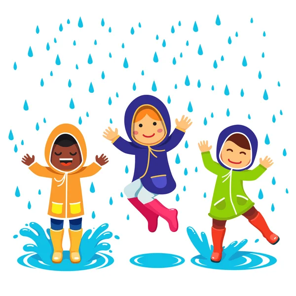 Kids in raincoats and rubber boots playing — Stok Vektör