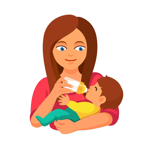Madre che tiene e nutre il bambino con la bottiglia di latte — Vettoriale Stock