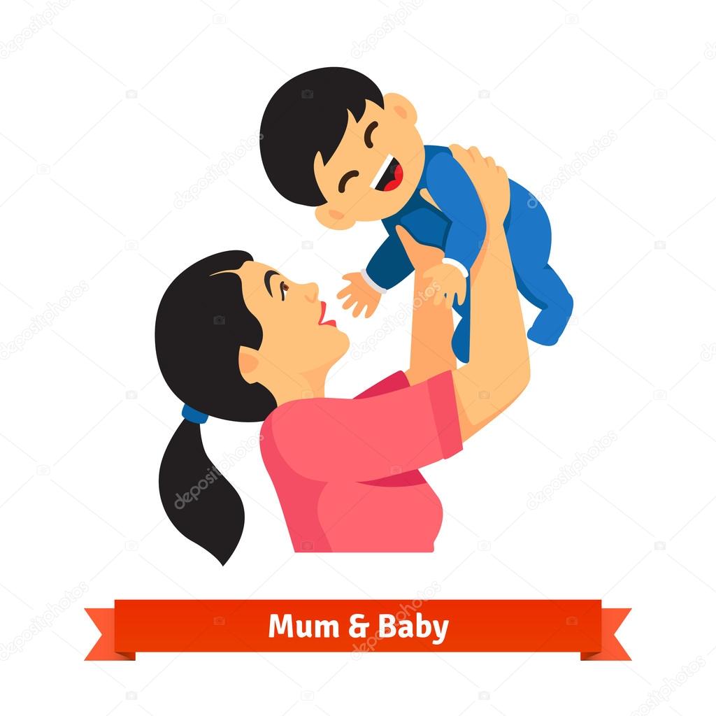 Asian mum holding up her baby in hands over head Stock Vector by