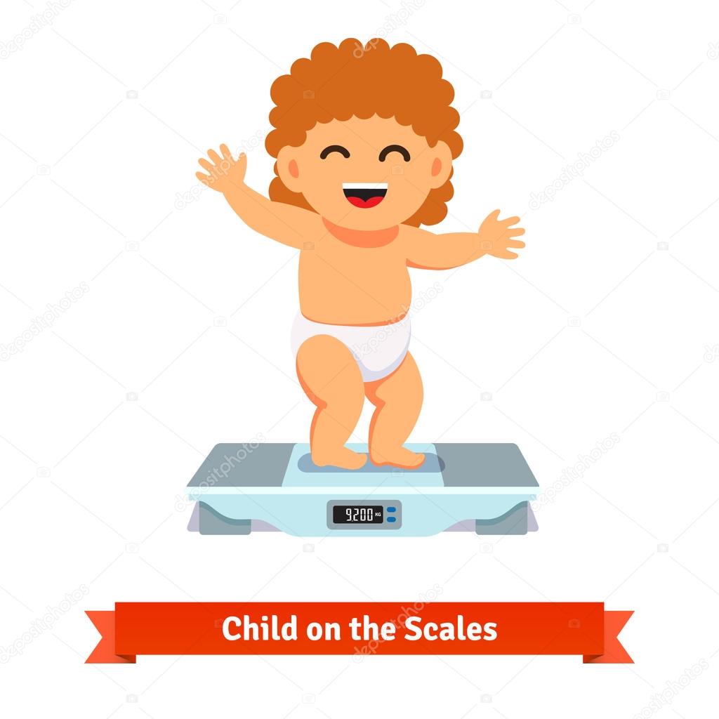 Happy baby toddler in diaper weighting on a scales