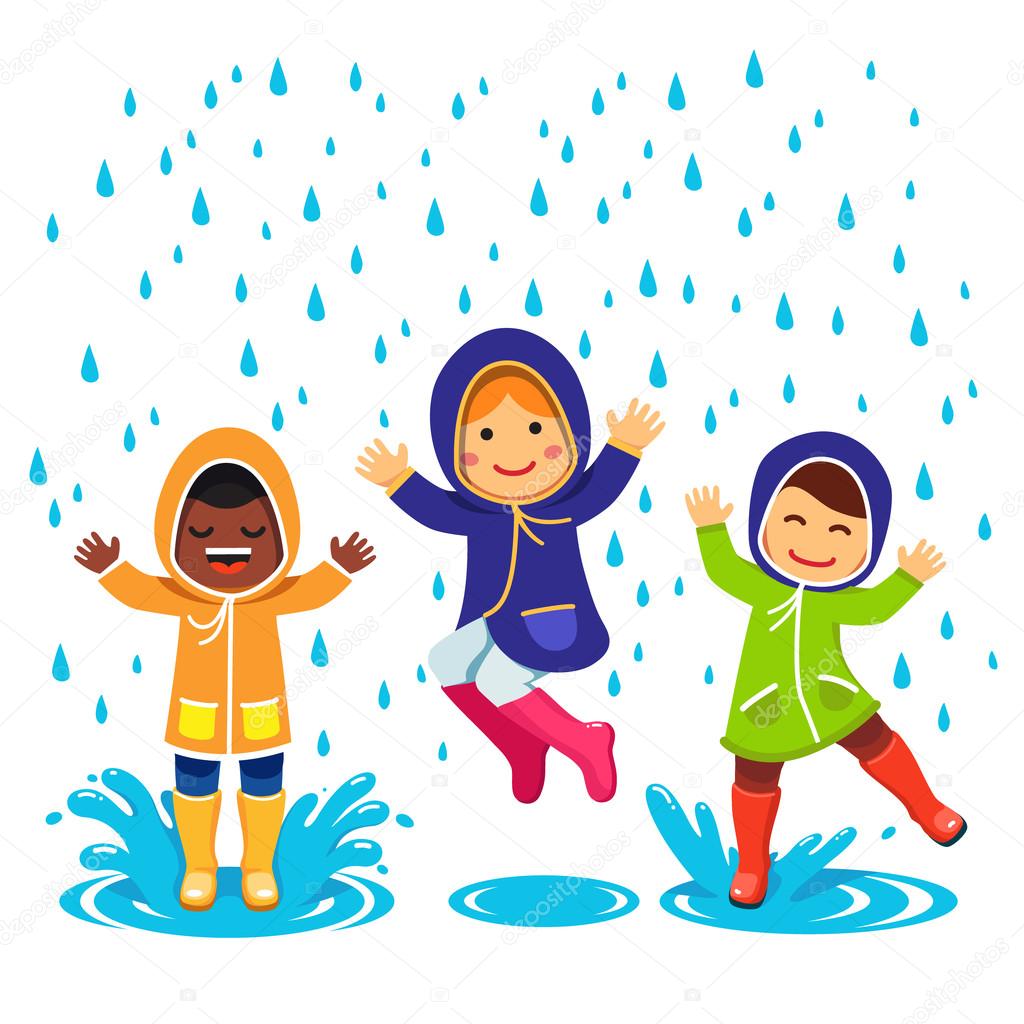 Kids in raincoats and rubber boots playing图库矢量图作者：© IconicBestiary 86343576