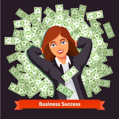 Business woman on pile of dollars. Success concept