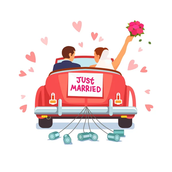Le couple de jeunes mariés conduit une voiture pour leur lune de miel — Image vectorielle