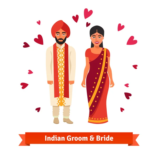 Indian wedding, bride, groom in national costumes — 图库矢量图片