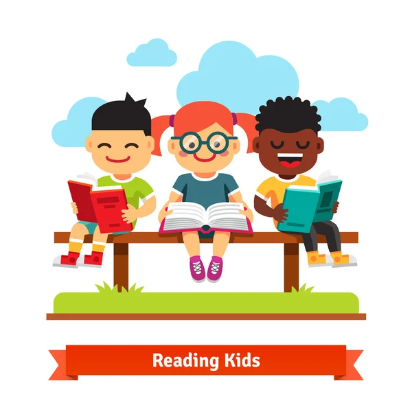 Três crianças sentadas no banco e lendo livros — Vetor de Stock