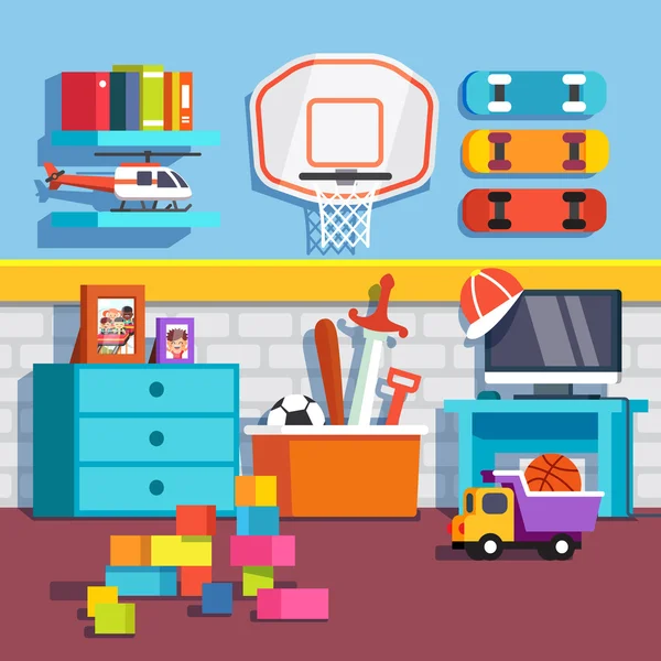 Oyuncaklar, kaykaylar, basketbol halka ile erkek odasında — Stok Vektör