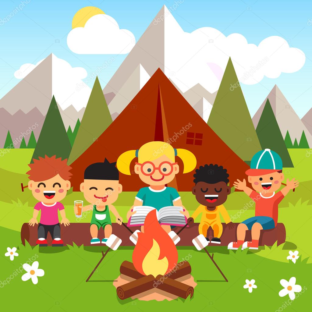 Kindergarten kids camping in the forest