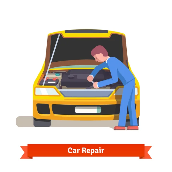 Car mechanic repairs engine at car service station — Stock Vector