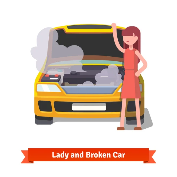 Woman looking under the hood of her broken car — Stock Vector