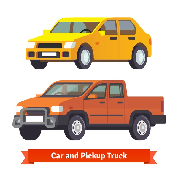 Pickup truck and middle sized sedan in 3d — Stock Vector