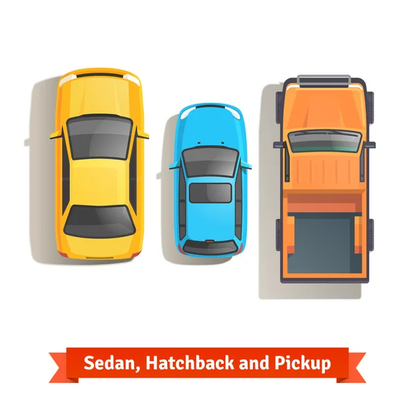 Sedan, carros hatchback e pick-up caminhão vista superior —  Vetores de Stock