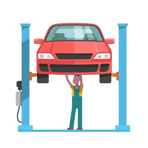 Mechanic herstellen van een auto op auto hoist opgeheven — Stockvector