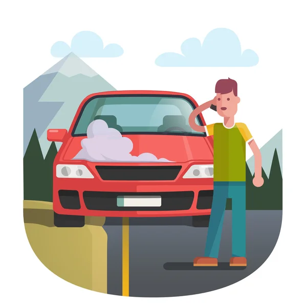 Hombre en un camino de pie cerca de coche roto — Vector de stock