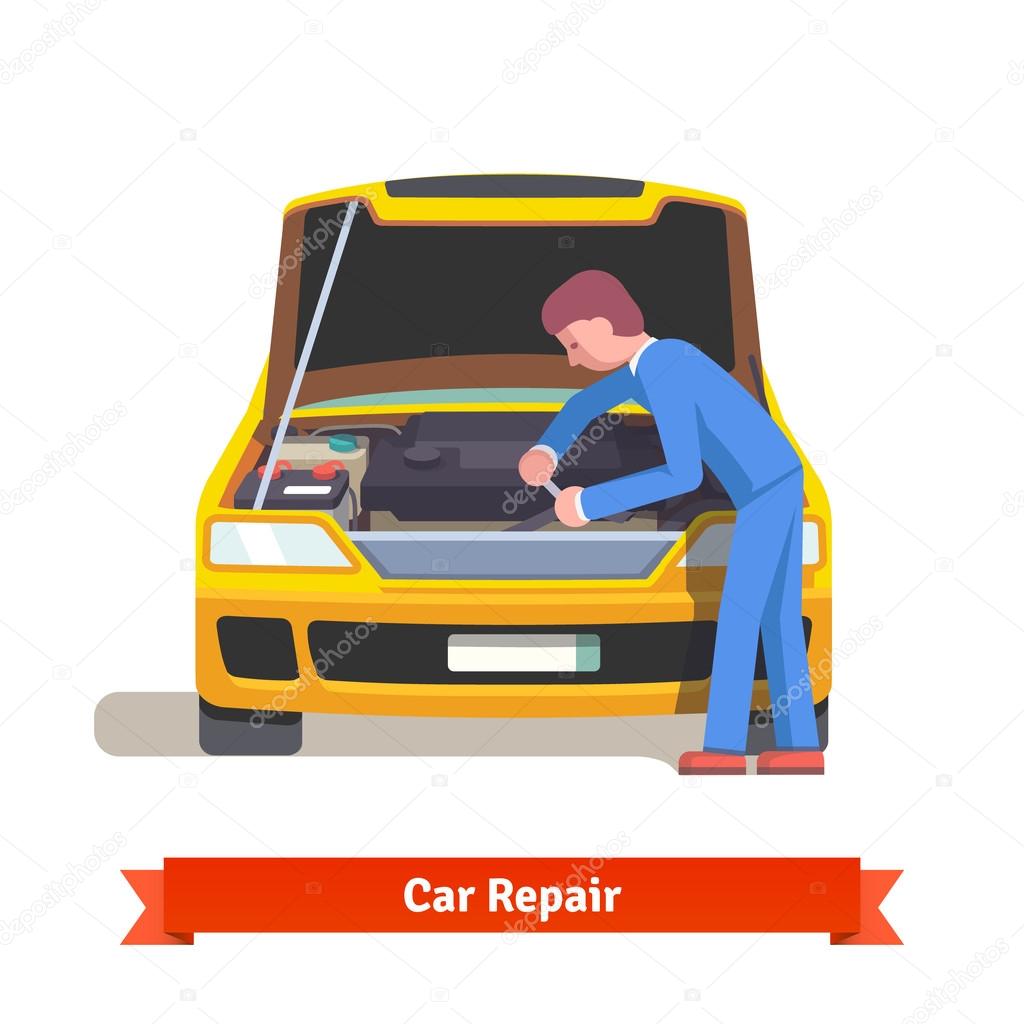 Car mechanic repairs engine at car service station