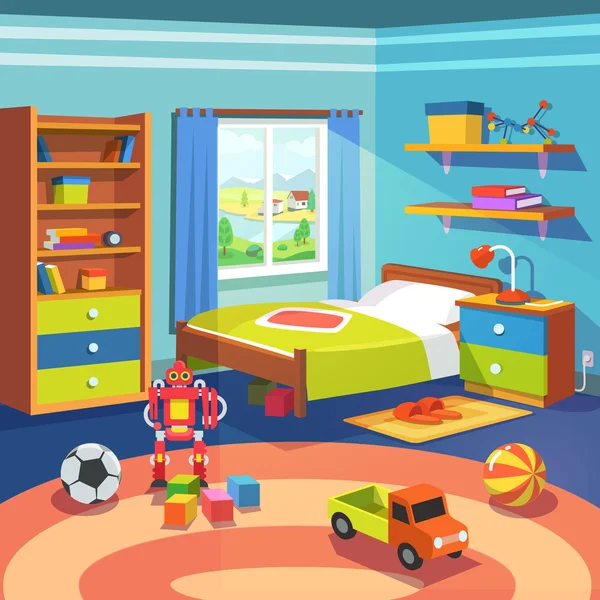 Camera ragazzo con letto, armadio e giocattoli sul pavimento — Vettoriale Stock