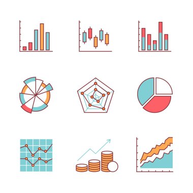 Business charts and data icons thin line set