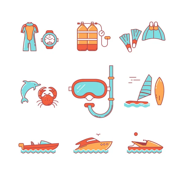 Diving and freediving equipment, boats — Stock Vector