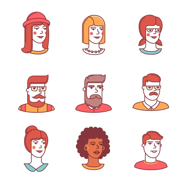 Human faces icons thin line set. Hipsters — Stok Vektör