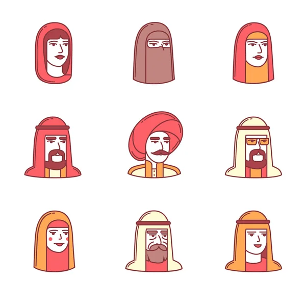 Árabe y musulmanes se enfrenta a iconos conjunto de línea delgada — Vector de stock