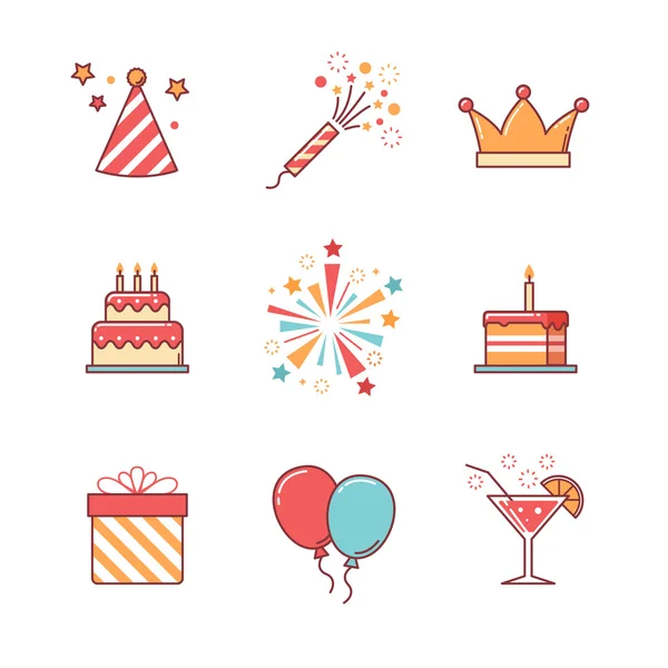 Iconos de cumpleaños conjunto de línea delgada — Vector de stock