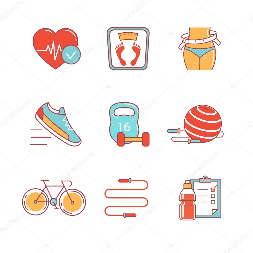 Fitness and healthy lifestyle thin line icons set