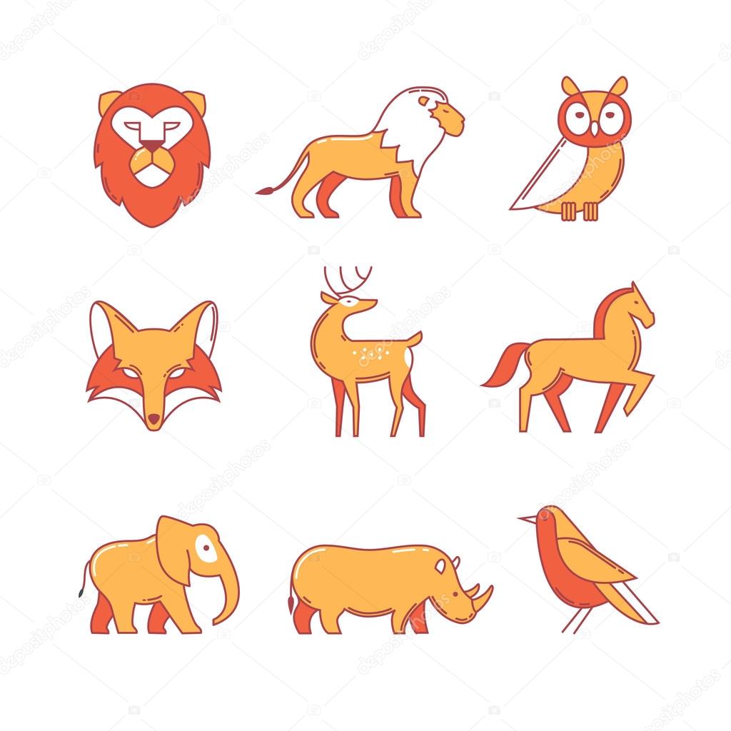 Popular wild life animals thin line icons set