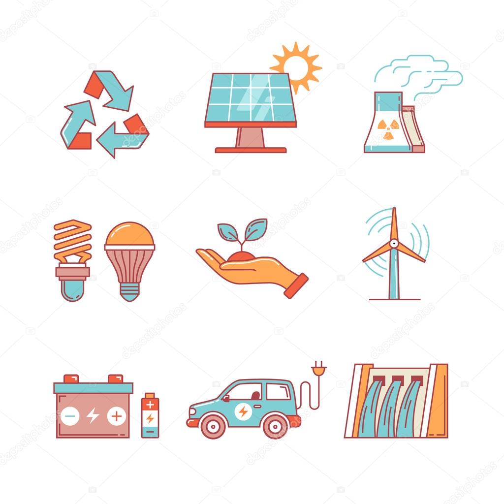 Power generation and ecologic energy thin line icons set. Modern flat style symbols isolated on white for infographics or web use.