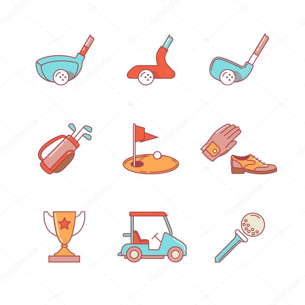 Golf sport and equipment thin line icons set