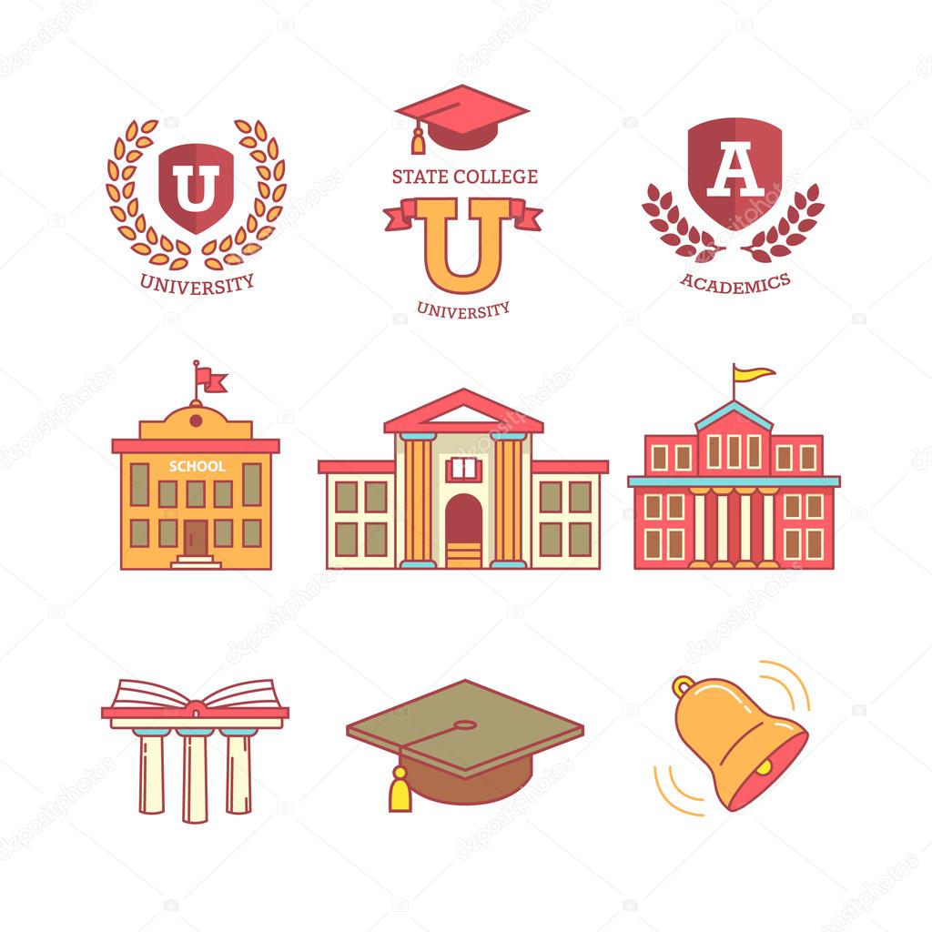 Mortar board, education, school, academy, college and university, library emblems and buildings. Thin line icons set. Modern flat style symbols isolated on white for infographics or web use.