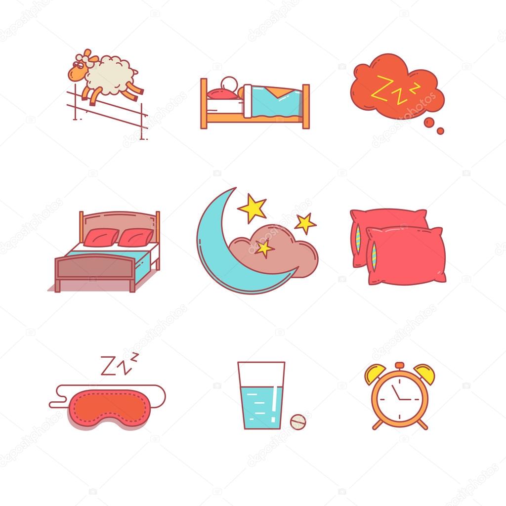 Sleeping, bedtime rest and bed thin line icons set